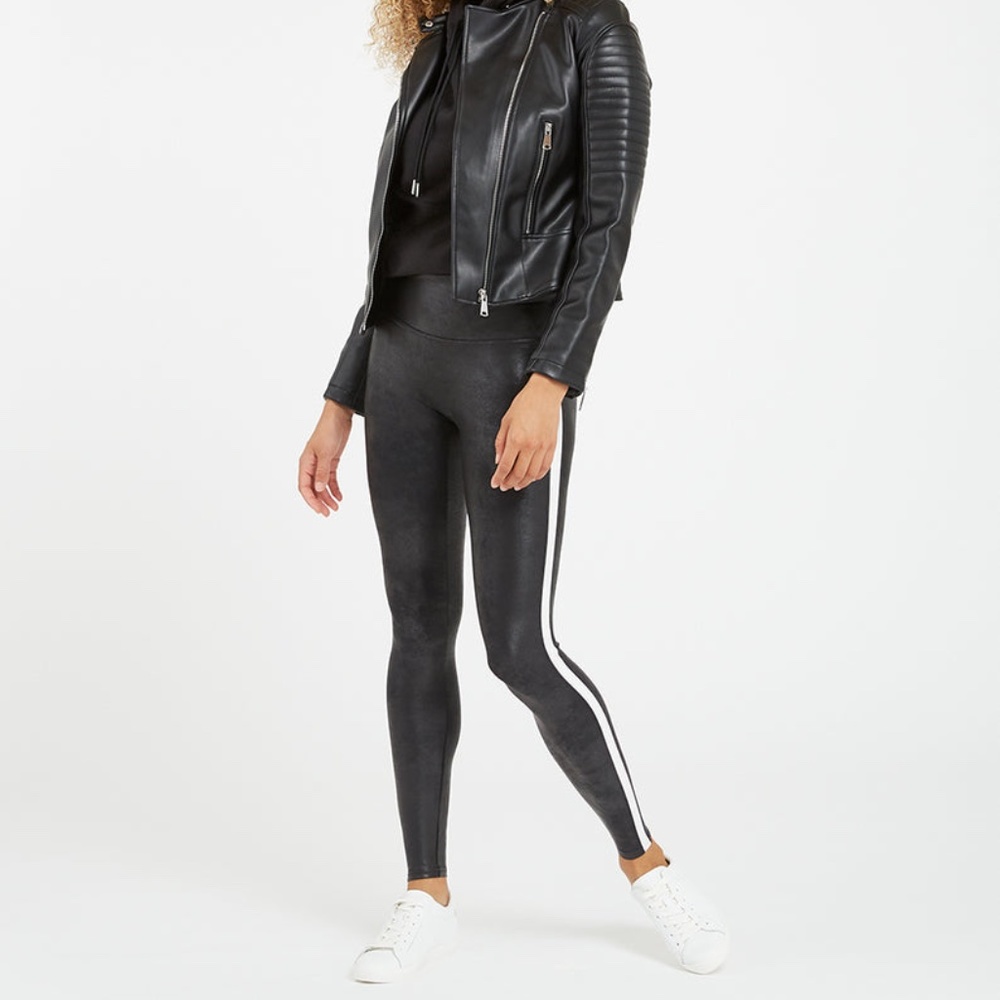 SPANX Faux Leather Side Stripe Leggings, size Large